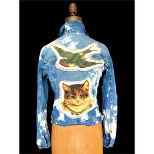 Upcycled Cat & Bird Jean‎ Jacket | Bleached Folk Art Denim | Size 6